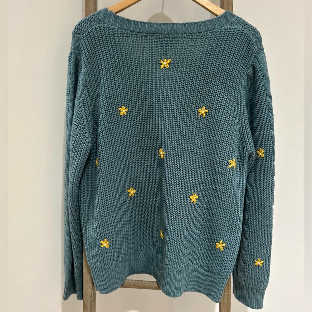 Heyson Teal Cable Knit V Neck Cardigan Sweater Embroidered Yellow Flowers Medium - Picture 3 of 6